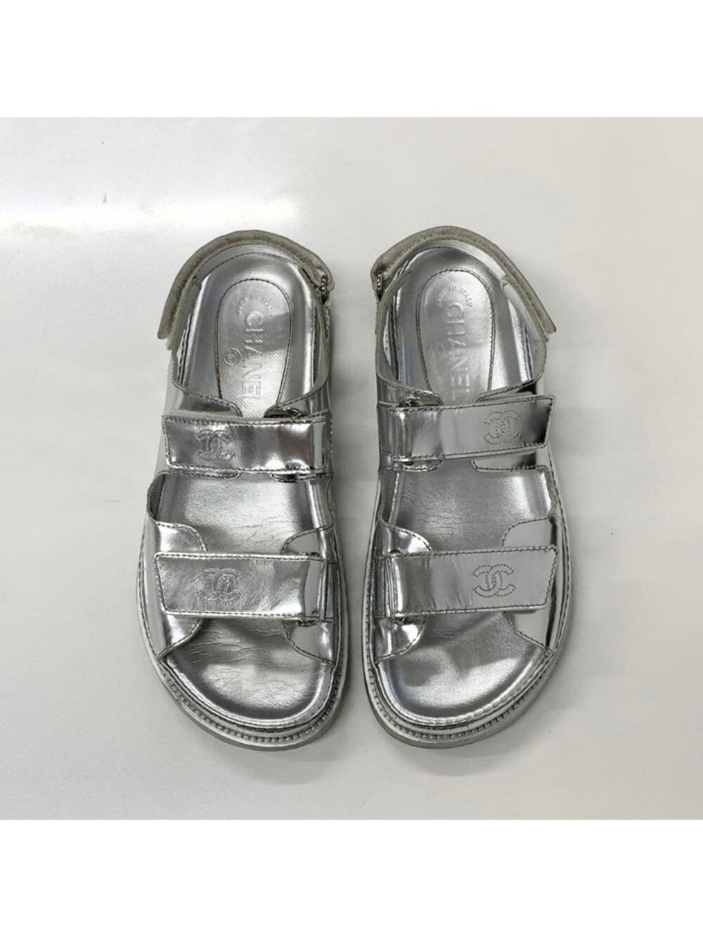 Chanel Leather CC Logo Velcro Sandals Silver - Picture 2 of 10